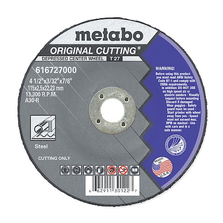 Abrasive Cut-Off Wheel, Type 27, 4-1/2 in Dia, 3/32 in Thick, 7/8 in Arbor Hole Size, A30R Series MPN:US616727000