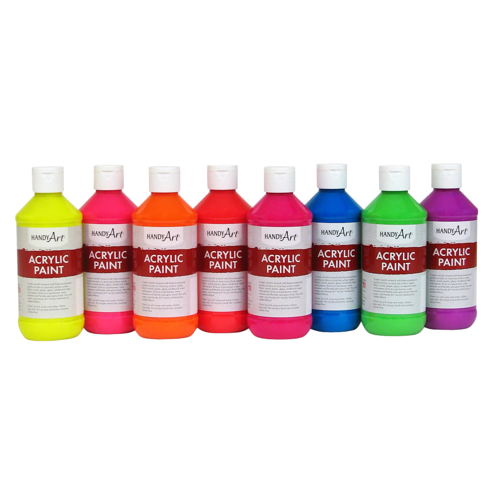 Handy Art Acrylic Paint Bottles, 8 Oz, Assorted Fluorescent, Set Of 8 Paint Bottles MPN:RPC881021