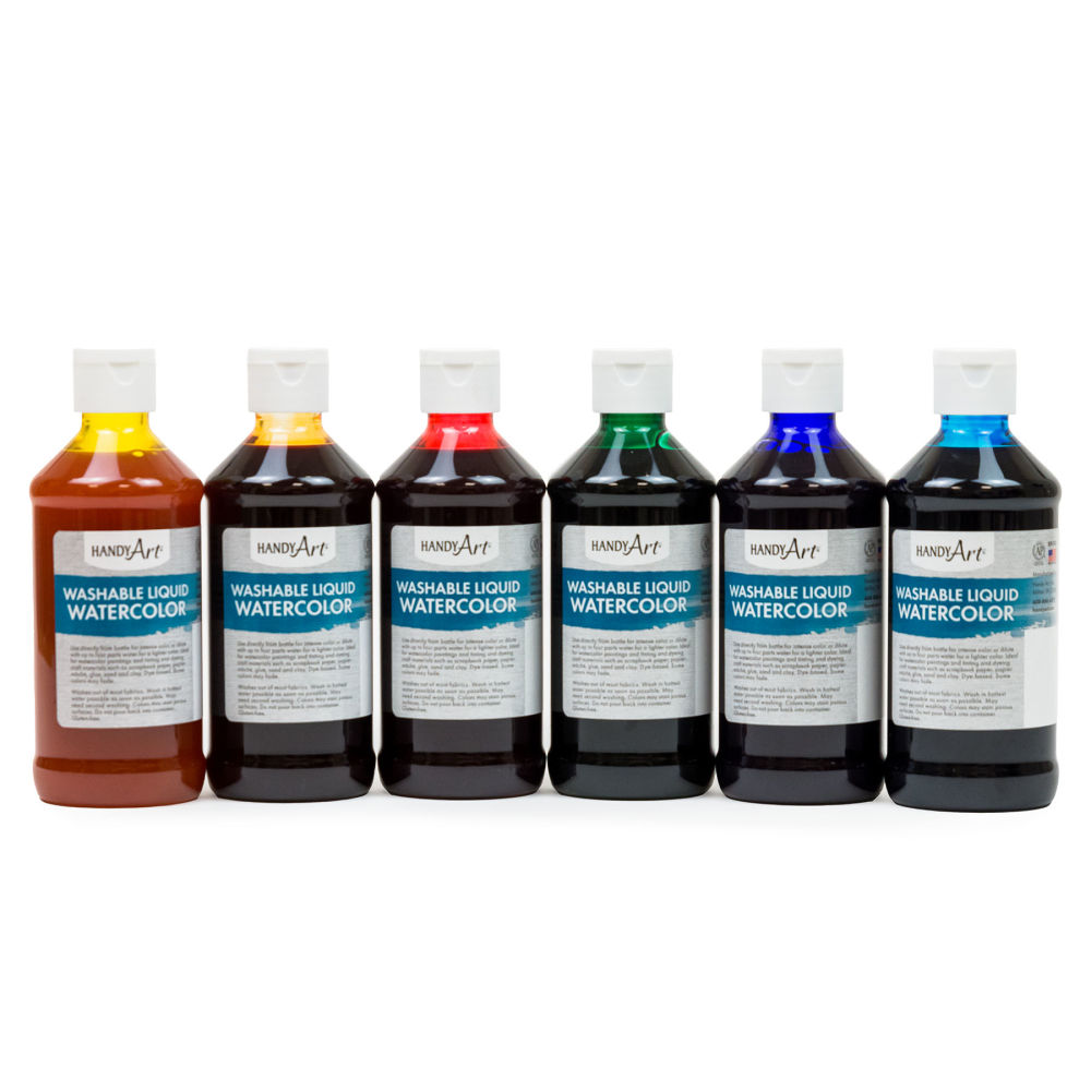 Handy Art Washable Liquid Watercolor Paints, 8 Oz, Assorted Primary Colors, Set Of 6 Paints MPN:RPC882273
