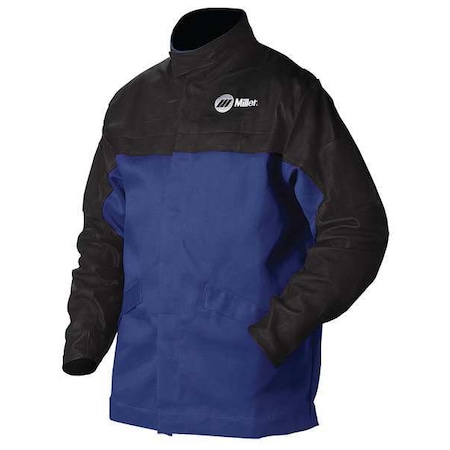 Welding Jacket, Indura with Pigskin Sleeves, 9 oz, 30 in Length, Snaps Closure, 2 Pockets, Blue, L MPN:231082