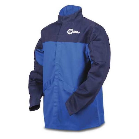 Welding Jacket, Indura, 9 oz, 30 in Length, Snaps Closure, 2 Pockets, Blue, 2XL MPN:258100