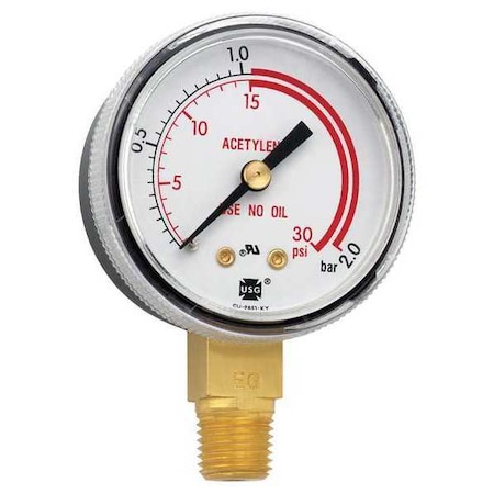 Welding Regulator Pressure Gauge, 0 to 200 psi, 2 in Dial, 1/4 in NPT, Bottom Location MPN:GA140-03