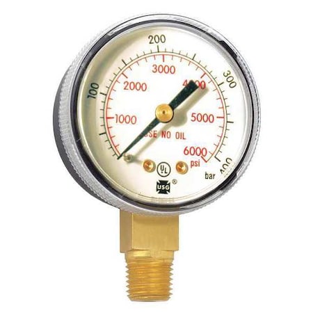 Welding Regulator Pressure Gauge, 0 to 6, 000 psi, 2 in Dial, 1/4 in NPT, Bottom Location MPN:GA145-03