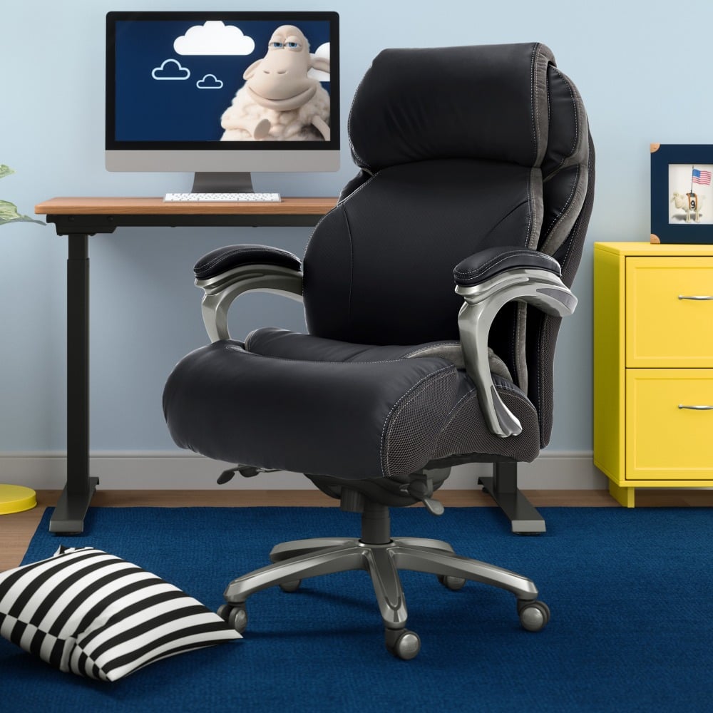 Serta Big And Tall Smart Layers Tranquility Ergonomic Bonded Leather High-Back Chair With AIR Technology, Black/Slate MPN:44954