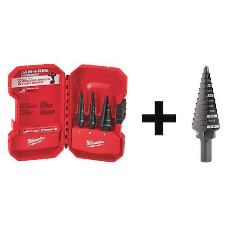 4-Piece Step Drill Bit Set: No. 1 & No. 2 Step Drill Bit, No. 4 Step Drill Bit (2), Carrying Case MPN:48-89-9221, 48-89-9204