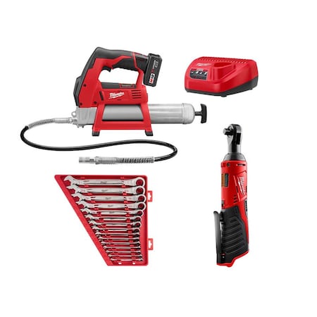 M12 Grease Gun Kit w/ M12 3/8 in Ratchet, 15PC Ratcheting Wrench Set SAE MPN:2446-21XC, 2457-20, 48-22-9416