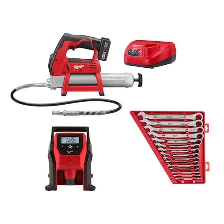 M12 Grease Gun Kit w/ M12 Inflator & 15 PC Ratcheting Wrench Set SAE MPN:2446-21XC, 2475-20, 48-22-9416