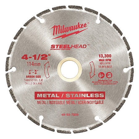 Metal Cutting Diamond Blade, 4.5 in Dia, 0.11 in Thick, 5/8 in; 7/8 in Arbor Hole Size, Diamond MPN:49-93-7805
