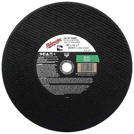 Abrasive Cut-Off Wheel, Type 1, 14 in Dia, 1/8 in Thick, 60 Grit MPN:49-94-1475