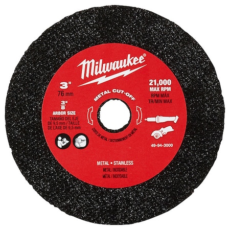 Abrasive Cut-Off Wheel, Type 1, 3 in Dia, 0.04 in Thick, 3/8 in Arbor Hole Size, Aluminum Oxide MPN:49-94-3000
