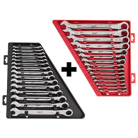 15pc Ratcheting Combination Wrench Set, SAE + 15pc Ratcheting Combination Wrench Set, Metric MPN:48-22-9416, 48-22-9516