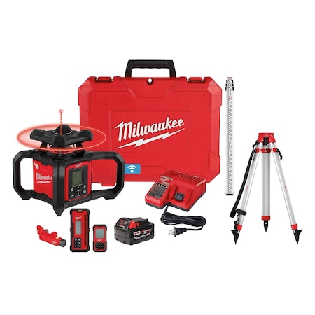 M18 Red Exterior Dual Slope Rotary Laser Level Kit w/ Receiver, Remote, Grade Rod & Tripod MPN:3704-21T