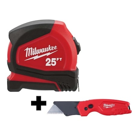 25 ft Compact Tape Measure + FASTBACK Compact Folding Utility Knife MPN:48-22-6625, 48-22-1500