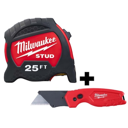 25ft STUD Tape Measure + FASTBACK Compact Folding Utility Knife MPN:48-22-9725, 48-22-1500