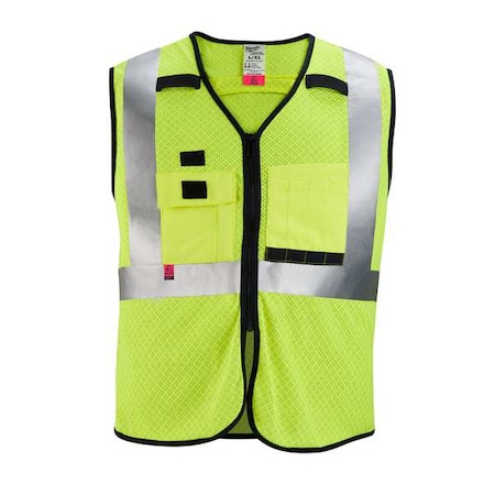AR/FR Cat.1 High Visibility Vest 4XL/5XL Class 2 U Back, Zipper 10 Pockets, 2 Mic Tab, No MPN:48-73-5204