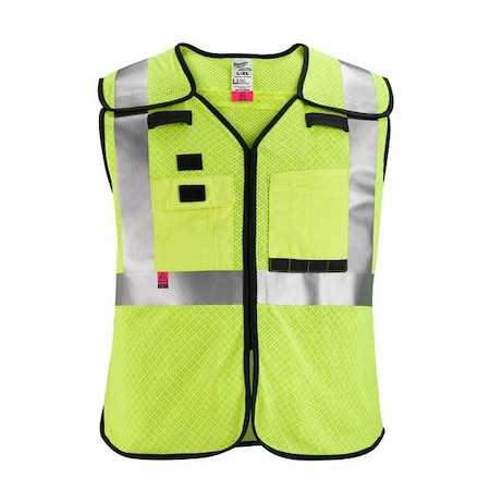 AR/FR Cat.1 High Visibility Vest 4XL/5XL Class 2 X Back, Hook-and-Loop 10 Pockets, 2 Mic Tab, No MPN:48-73-5214