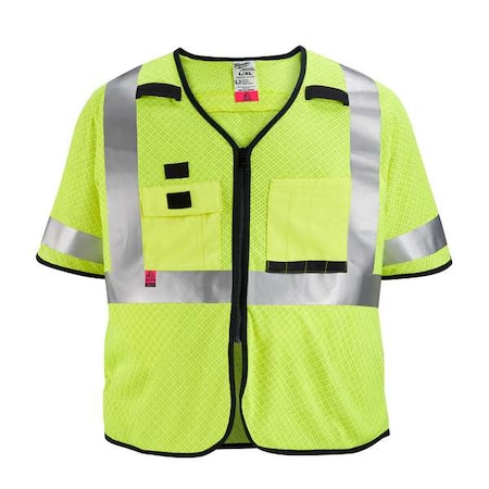AR/FR Cat.1 High Visibility Vest w/Sleeves 2XL, 3XL Class 3 U Back, Zipper 10 Pockets, 2 Mic Tab MPN:48-73-5223