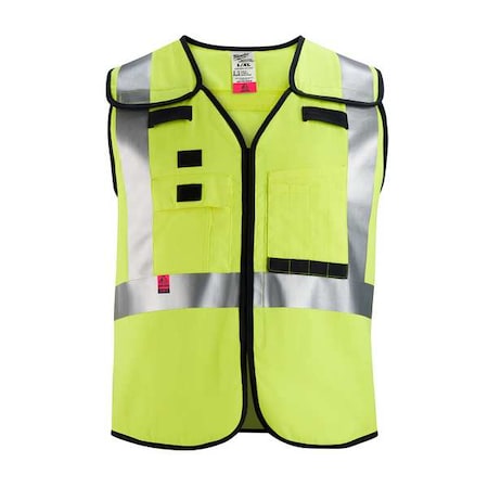 AR/FR Cat.1 High Visibility Vest 4XL, 5XL Class 2 X Back, Hook and Loop 10 Pockets, 2 Mic Tab, No MPN:48-73-5314