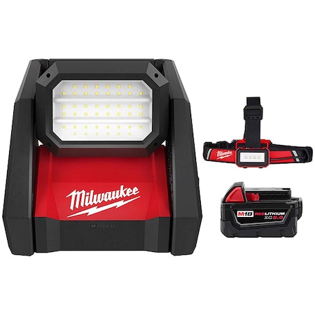 M18 ROVER Dual Power Flood Light + USB Headlamp + M18 XC5.0 Battery MPN:2366-20, 2115-21, 48-11-1850