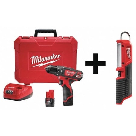 M12 3/8 in Hammer Drill/Driver Kit + M12 Stick Light MPN:2408-22, 2351-20