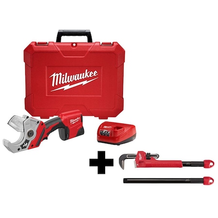 M12 Plastic Pipe Shear Kit + CHEATER Steel Adaptable Pipe Wrench MPN:2470-21, 48-22-7314