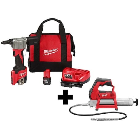 M12 Rivet Tool Kit + M12 Cordless LITHIUM-ION Grease Gun MPN:2550-22, 2446-20