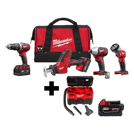 M18 2-Gallon Wet/Dry Vacuum + M18 Cordless LITHIUM-ION 4-Tool Combo Kit + M18 XC5.0 Battery MPN:2695-24, 0880-20, 48-11-1850