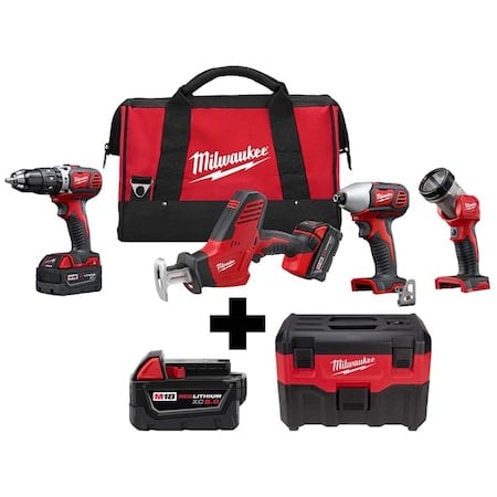 M18 2-Gallon Wet/Dry Vacuum + M18 Cordless LI-ION 4-Tool Combo Kit + M18 XC5.0 Battery MPN:2695-24, 48-11-1850, 0880-20