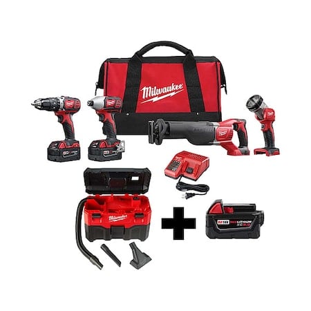 M18 2-Gallon Wet/Dry Vacuum + M18 XC5.0 Battery + M18 Cordless LI-ION 4-Tool Combo Kit MPN:2696-24, 0880-20, 48-11-1850