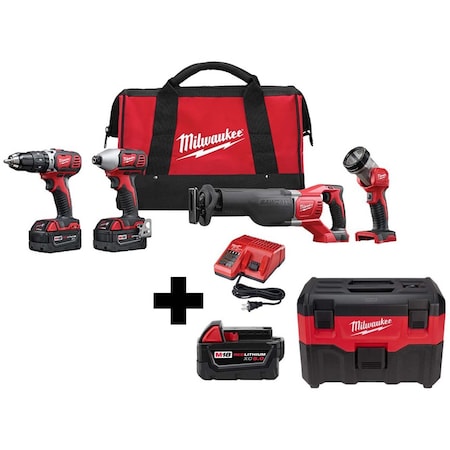 M18 2-Gallon Wet/Dry Vacuum + M18 Cordless 4-Tool Combo Kit + M18 XC5.0 Battery MPN:2696-24, 48-11-1850, 0880-20