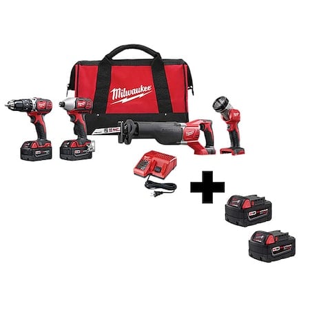 M18 Cordless LI-ION 4-Tool Combo Kit + M18 XC5.0 Extended Capacity Battery 2-Pack MPN:2696-24, 48-11-1852