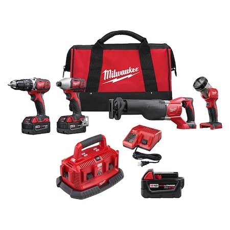 M18 Cordless LI-ION 4-Tool Combo Kit + M18 Six Pack Sequential Charger + M18 XC5.0 Battery MPN:2696-24, 48-59-1806, 48-11-1850