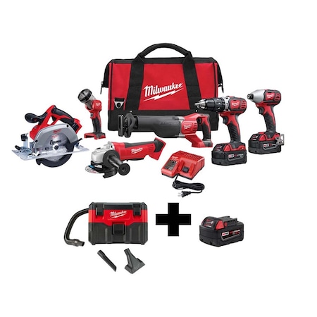 M18 2-Gallon Wet/Dry Vacuum + M18 Cordless 6-Tool Combo Kit + M18 XC5.0 Battery MPN:2696-26, 0880-20, 48-11-1850