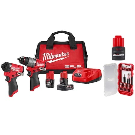 M12 FUEL 2-Tool Combo Kit + SHOCKWAVE Impact Duty Driver Bit Set, 18PC + M12 CP2.5 Battery MPN:3497-22, 48-11-2425, 48-32-4403