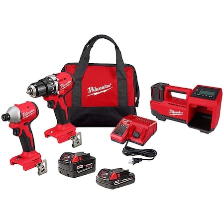 M18 Compact Brushless 2-Tool Combo Kit + M18 18V Cordless Tire Inflator MPN:3693-22CX, 2848-20
