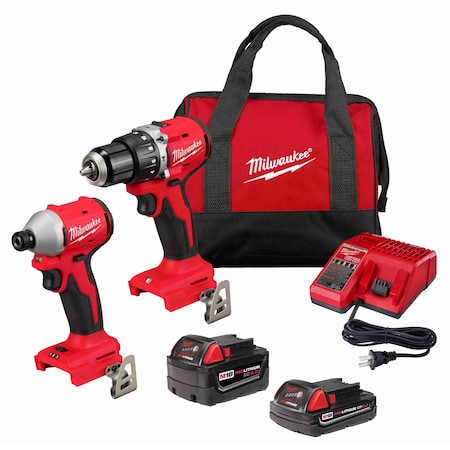M18 Compact Brushless 2-Tool Kit, Hammer Drill & Impact Driver, 2 Batteries, M18 & M12 Charger, Bag MPN:3693-22CX