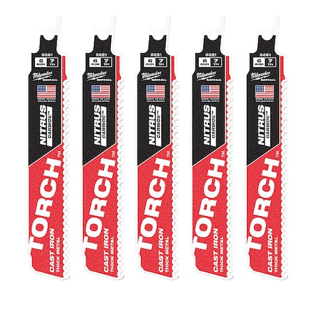 6 in. 8 TPI SAWZALL THE TORCH w/ NITRUS CARBIDE Reciprocating Saw Blade, Cast Iron & Metal, 5 PK MPN:48-00-5561