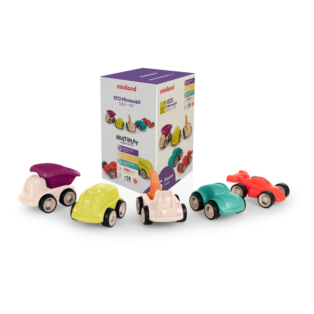 Miniland Educational Minimobil Toy Cars, 100% Recycled, Multicolor, Set Of 5 Toy Cars MPN:MLE32254