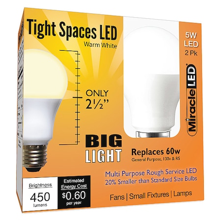 5 W, Compact LED Bulb, White, A15, 3000K Temp. Frosted, Non-Dimmable, PK2 MPN:602189