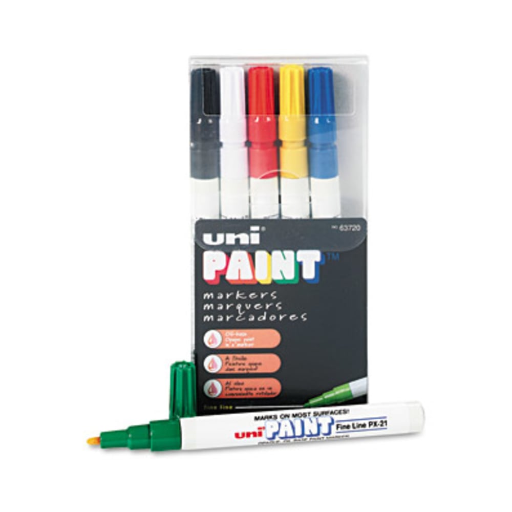 Uni-Ball Oil-Base Fine Line uni Paint Markers - Fine Marker Point - Blue, White, Red, Yellow, Green, Black Oil Based Ink - 6 / Set MPN:63720