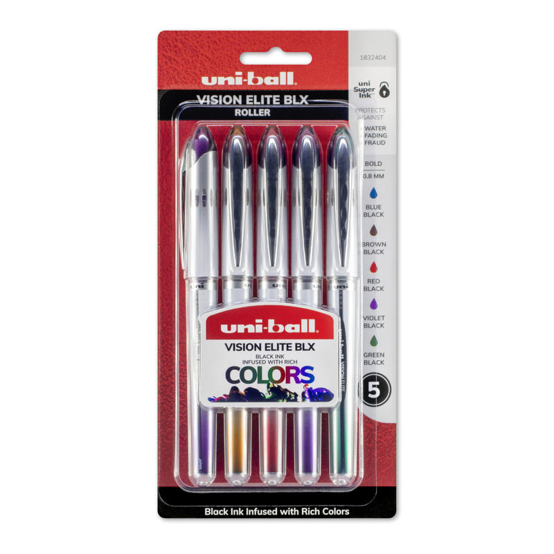 uni-ball Vision Elite BLX Series Rollerball Pens, Bold Point, 0.8 mm, Assorted Ink Colors, Pack Of 5 Pens (Min Order Qty 5) MPN:1832404