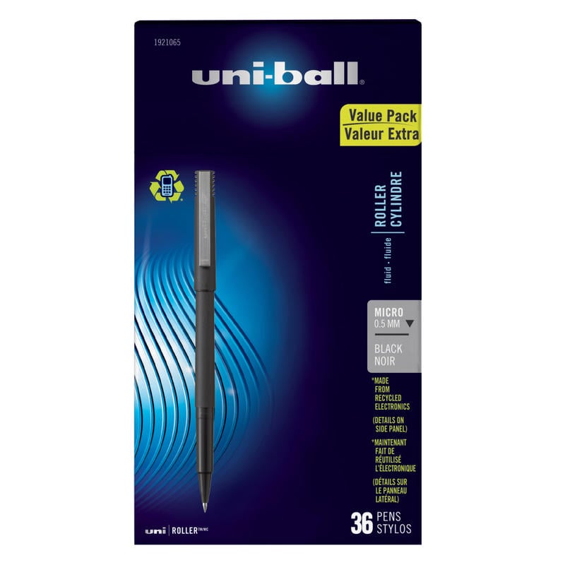 uni-ball Roller Micro Pens, Micro Point, 0.5 mm, Black Barrel, Black Ink, Pack Of 36 (Min Order Qty 3) MPN:1921065