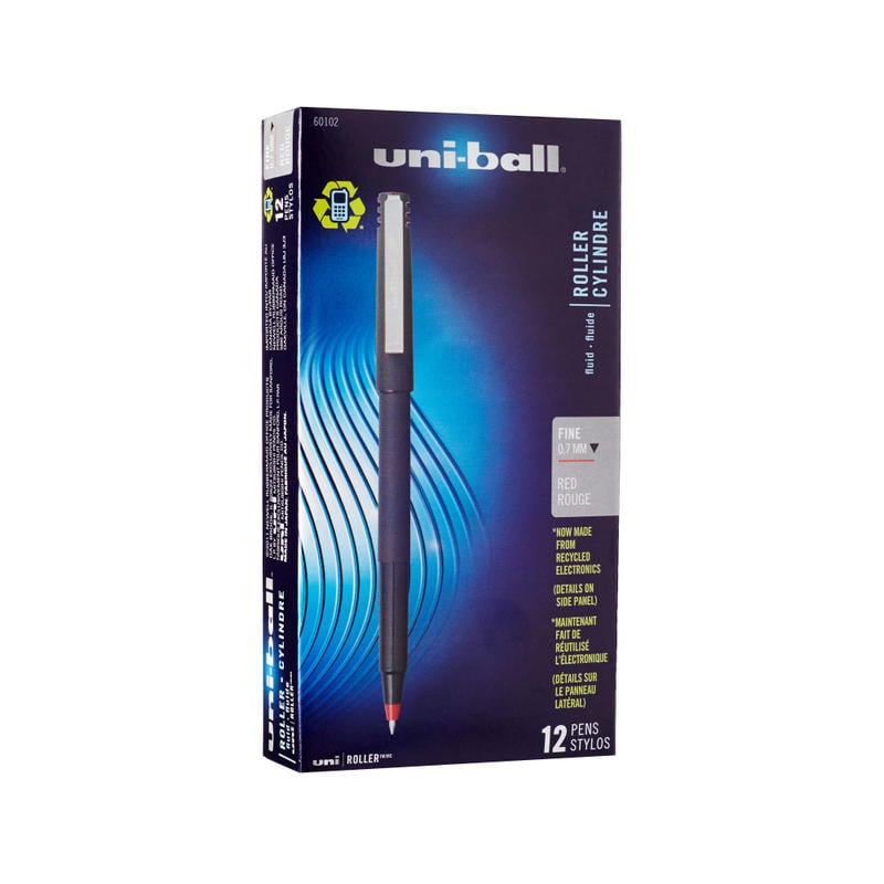 uni-ball Rollerball Pens, Fine Point, 0.7 mm, 80% Recycled, Black Barrel, Red Ink, Pack Of 12 Pens (Min Order Qty 5) MPN:60102