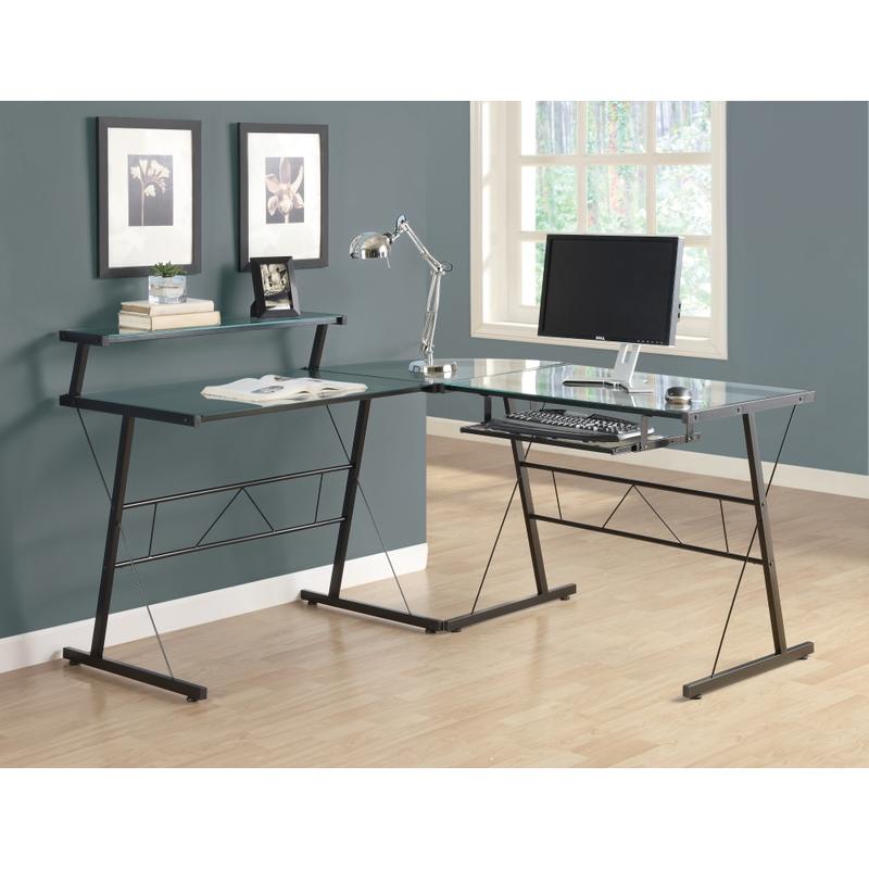 Monarch Specialties 58inW L-Shaped Glass Corner Desk, Clear/Black MPN:I 7172