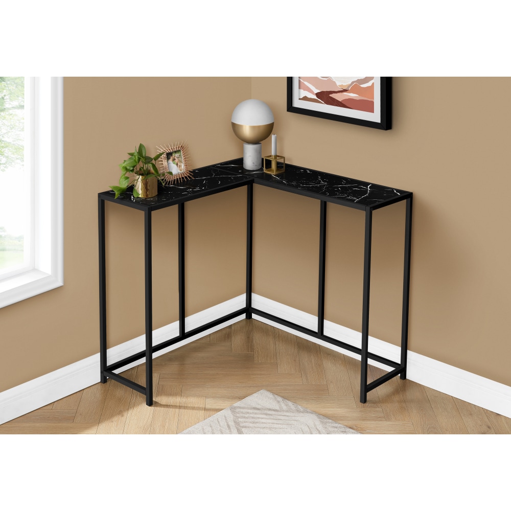 Monarch Specialties Jan L-Shaped Metal Console Table, 32inH x 36inW x 36inD, Black Marble MPN:I 2158