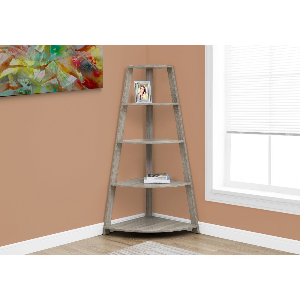 Monarch Specialties 60inH 4-Shelf Etagere Corner Bookcase, Dark Taupe MPN:I 2424