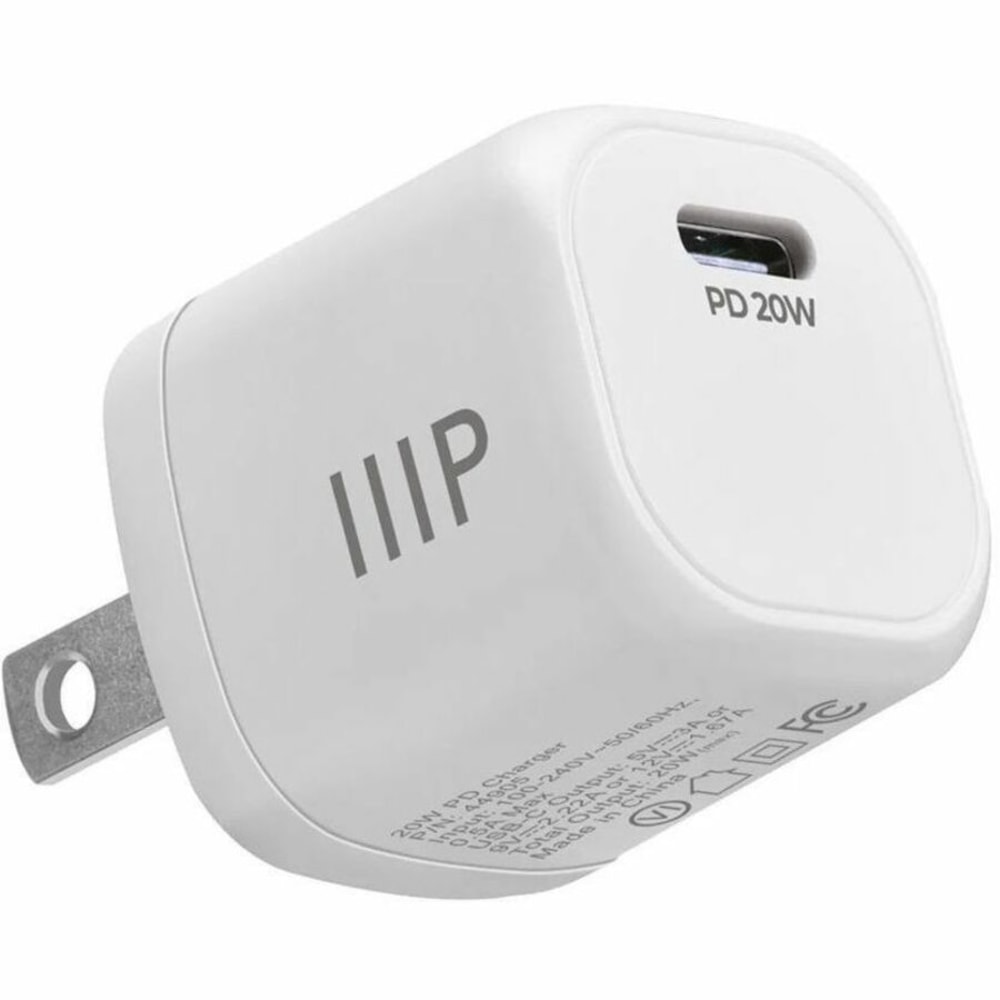 Monoprice 20W USB-C Mini Cubic Wall Charger White - 20 W - 120 V AC, 230 V AC Input - 5 V DC, 9 V DC, 12 V DC Output - 3 A - White - 1 MPN:44905