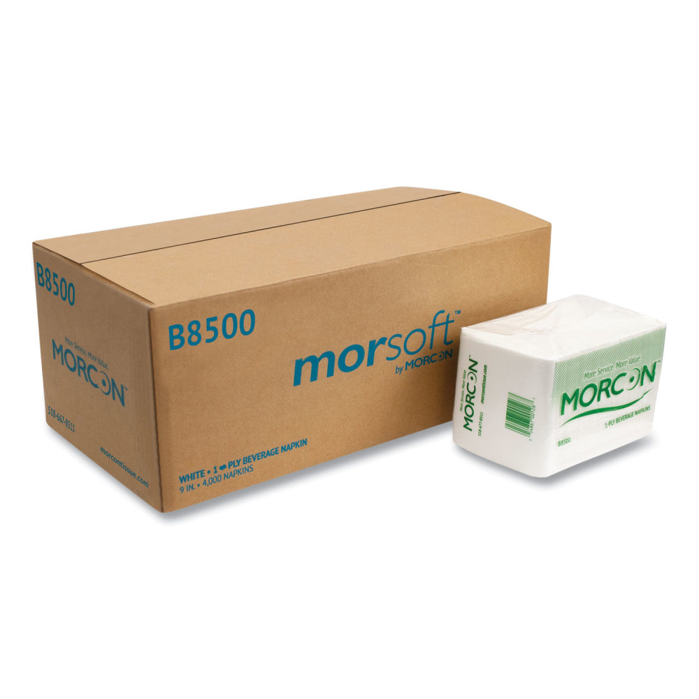 Morcon Tissue Morsoft Beverage Napkins, 9 x 9/4, White, 500/Pack, 8 Packs/Carton MPN:B8500