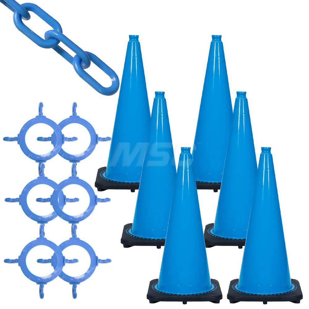 Traffic Cone & Chain Kit: Plastic, Sky Blue, 50' Long, 2