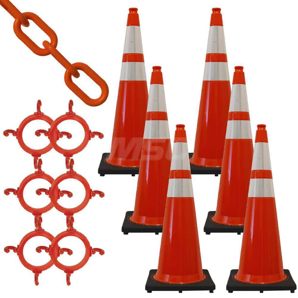 Traffic Cone with Reflective Collar & Chain Kit: Plastic, Traffic Orange, 50' Long, 2